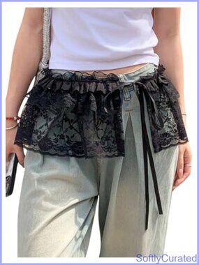 Sheer Lace Wrap Mini Skirt Tie Side Ruffle Layering Skirt